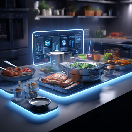 Highly rendering of a modern kitchen with glowing cooking devices on itの素材