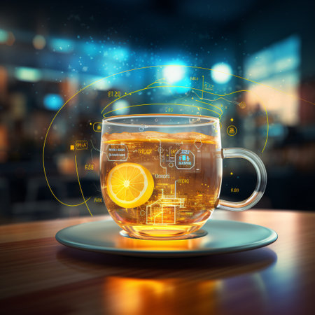 Cup of tea with a slice of lemon on the background of the night cityの素材