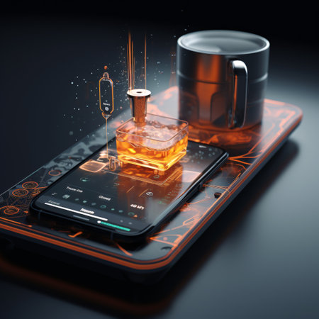 Smartphone with perfume and cup on a black background. 3d renderingの素材