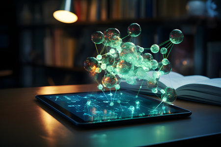 Tablet pc with social network hologram on screen and night office interior background. 3D rendering.の素材