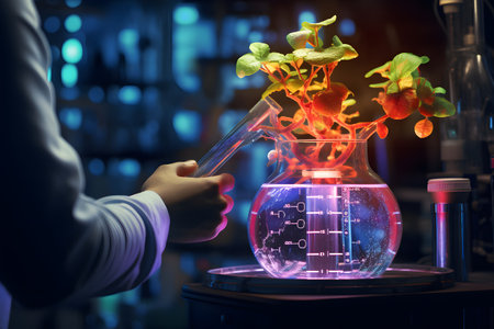 Science laboratory research and development concept. Scientist in laboratory with test tubes.の素材