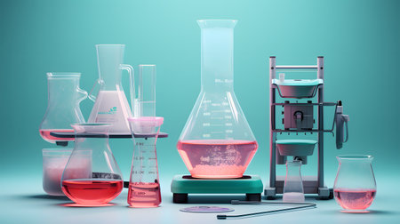 Laboratory glassware on blue background. 3d render illustration.の素材