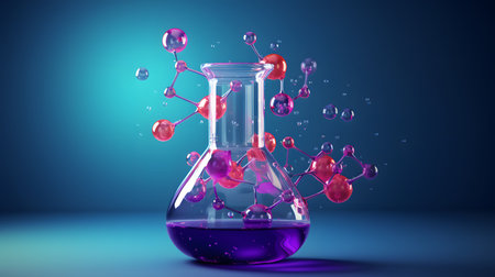 Laboratory glassware with molecules on blue background. 3D renderingの素材