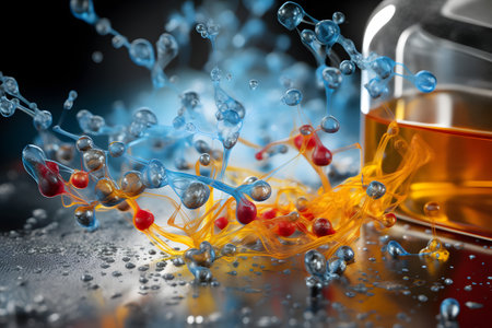 Laboratory glassware with chemical liquid and molecules. 3D renderingの素材