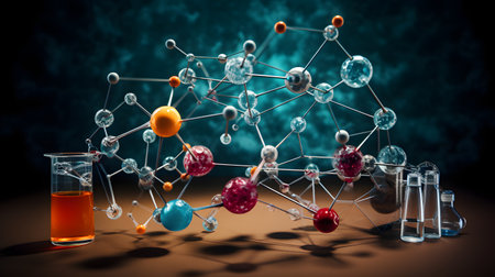 Science Research and Development Concept. 3D illustration of molecule model.の素材