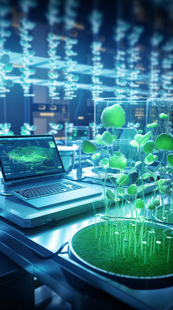 Microscopic image of green sprouts growing in laboratory, 3D renderingの素材