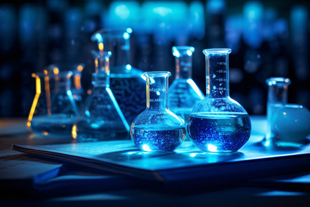 Laboratory glassware with blue liquid on dark background. Science research and development conceptの素材