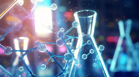 Laboratory glassware containing chemical liquid, 3d rendering toned imageの素材