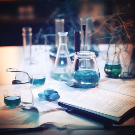 Science laboratory research and development concept. Test tubes, flasks and open book on tableの素材
