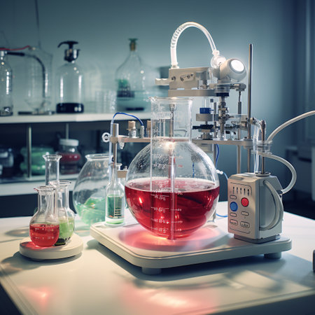 Laboratory glassware containing red liquid in a laboratory. Scientific research.の素材