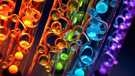 3d illustration of abstract background with colorful lights and glass tubes.の素材