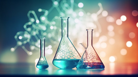 Laboratory glassware with colorful bokeh background, science research conceptの素材