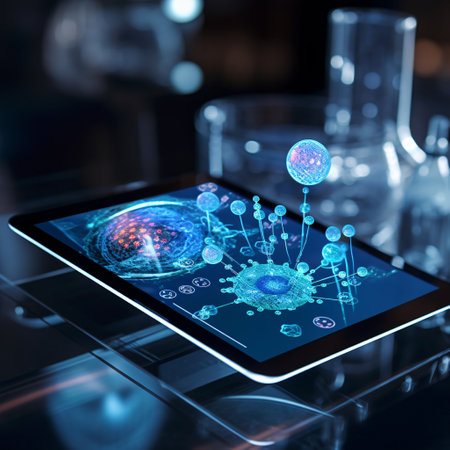Tablet pc with science and technology concept on dark background 3D renderingの素材