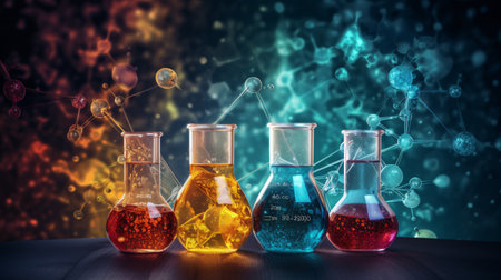 Laboratory glassware with colorful liquid on colorful bokeh backgroundの素材