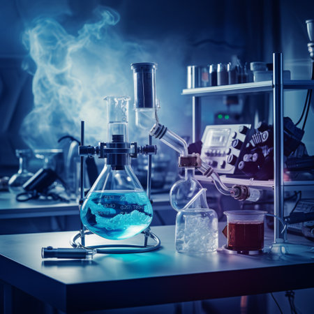 Laboratory glassware with blue liquid in chemical laboratory. Science and medical backgroundの素材