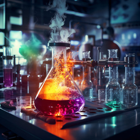 Laboratory glassware with colorful liquids. Science laboratory research and development concept.の素材