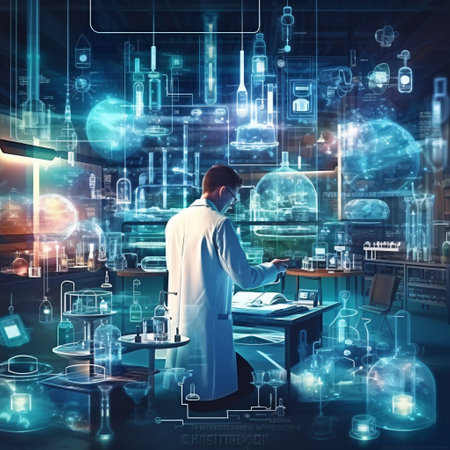 Conceptual image of young male scientist in white coat standing in laboratory with glowing medical icons. Toned image double exposureの素材