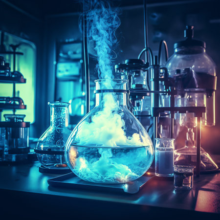 Laboratory glassware with blue smoke in chemical laboratory. Laboratory research and development concept.の素材