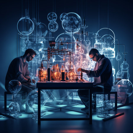 Two young businessmen playing chess in front of a virtual holographic backgroundの素材