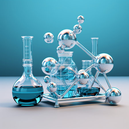 Laboratory glassware on a blue background. 3d rendering.の素材