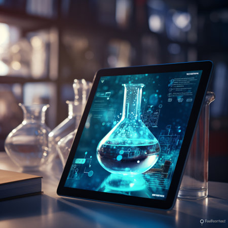 Tablet pc with science research concept on screen. 3D Renderingの素材