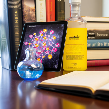 Tablet pc with scientific research concept on a table in a libraryの素材