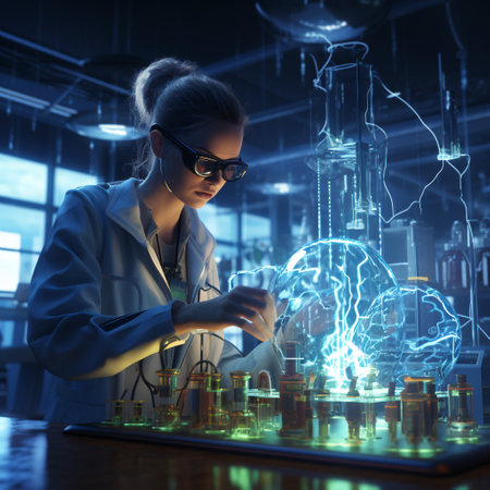 Attractive female scientist in lab coat and glasses working on futuristic interface. 3D renderingの素材