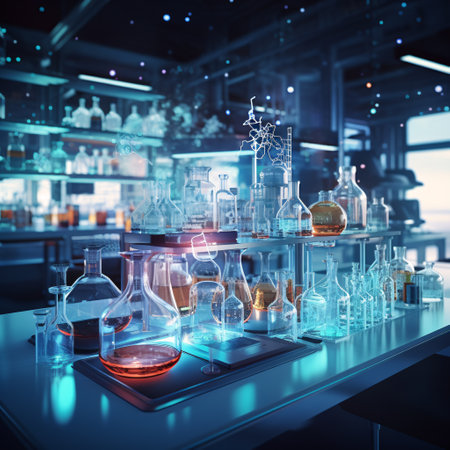 Laboratory glassware with chemical liquid on the table. 3d renderingの素材