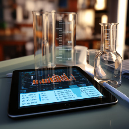 Tablet pc with graph on screen and laboratory glassware on tableの素材
