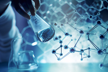 Science laboratory research and development concept. 3D rendering toned image double exposureの素材