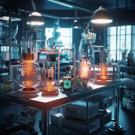 Laboratory glassware containing chemical solutions. 3d rendering toned imageの素材