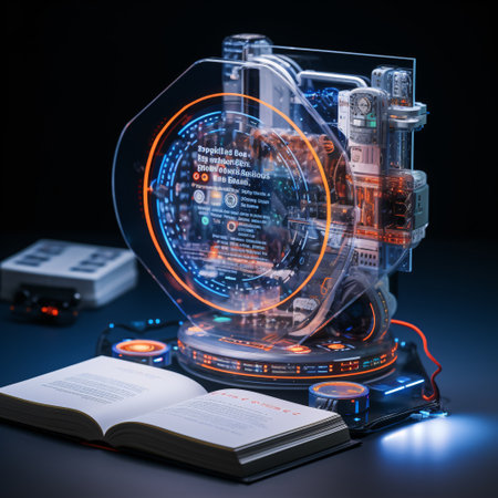 Futuristic robot with glowing lights and book on dark background 3D renderingの素材
