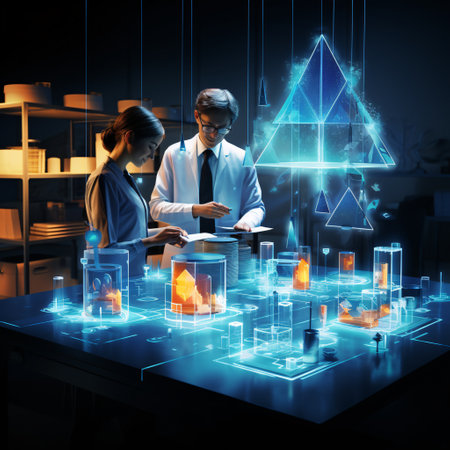 Two business people working in office with hologram graphs. Mixed mediaの素材