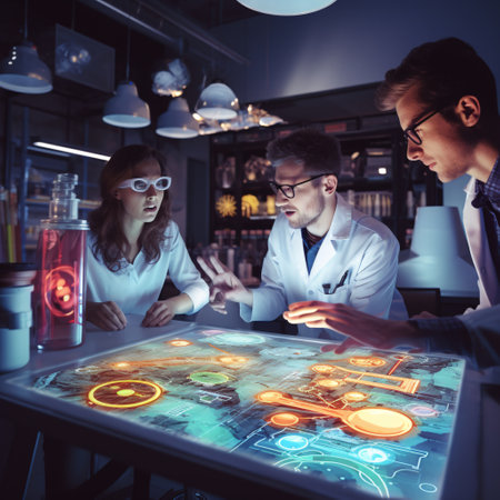 Three scientists working on a computer in a laboratory. They are looking at the hologram.の素材