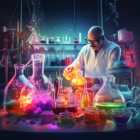 Scientist working in laboratory. Science and technology concept. Double exposureの素材
