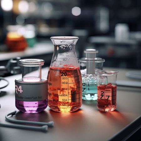 Laboratory glassware with colorful liquid on table in science laboratory. 3d renderingの素材