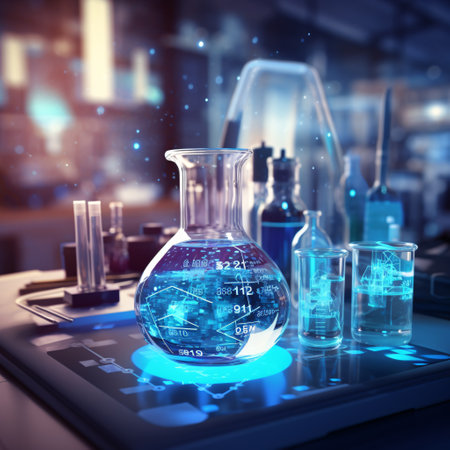 Laboratory glassware with chemical liquid in laboratory. 3d renderingの素材
