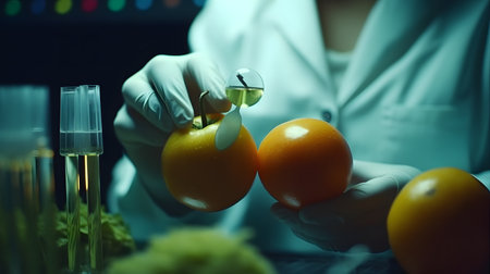 Female scientist working in the laboratory. She is wearing a white lab coat and gloves. She is holding a tomato.の素材