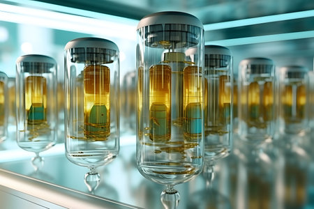 Glass medical ampoules with yellow liquid on shelf. 3D renderingの素材