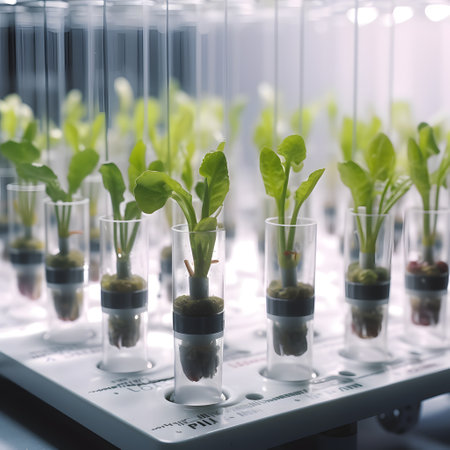 Vegetable seedlings in test-tubes in chemical laboratoryの素材