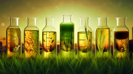 Laboratory glassware with chemical liquid on green grass background. Science concept.の素材