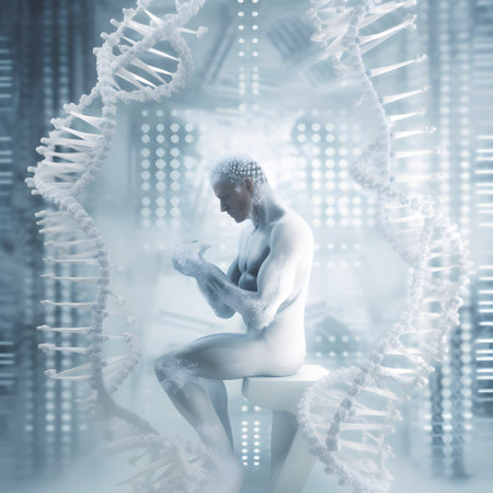 3d rendered illustration of a female model posing in front of a DNA structureの素材