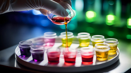 Laboratory glassware with colorful liquid, science research and development conceptの素材
