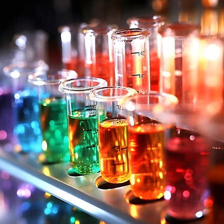 Laboratory glassware with colorful liquid. Science laboratory research and development concept.の素材