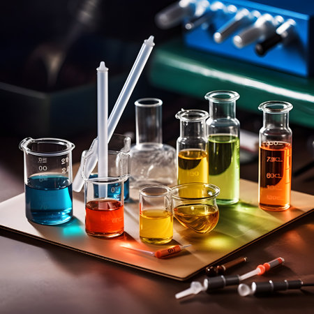 Laboratory glassware with colorful liquid on table in chemistry laboratory.の素材