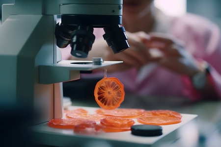 Scientist working in laboratory. Female scientist using microscope for research in laboratory.の素材