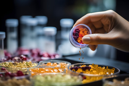 Laboratory glassware filled with different fruits and vegetables, science backgroundの素材
