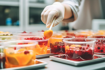 close up of female hands in gloves making fruit jelly in plastic cupsの素材