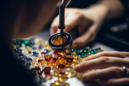 Jeweler making jewelry. Close-up of hands working with gemstonesの素材