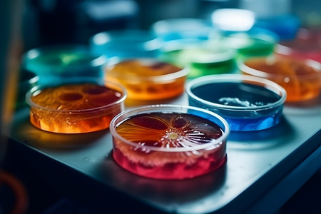 Close-up of Petri dishes with colorful liquid in laboratory.の素材